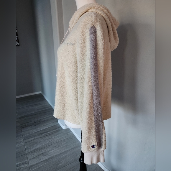 Champion Cream Teddy Fleece Semi Cropped Hoodie Sweater Long Sleeve Stripe Sz XL - Picture 5 of 12